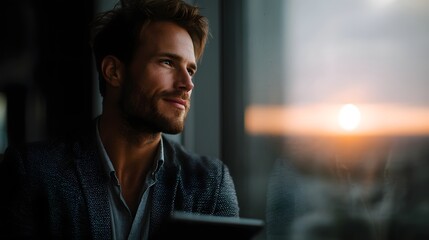 Poster - Focused businessman analyzing data in an urban office setting