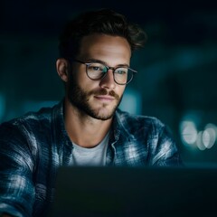 Poster - Digital marketing expert working on laptop in modern tech office