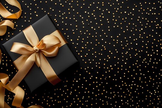 Gift box and gold ribbon on black background.
