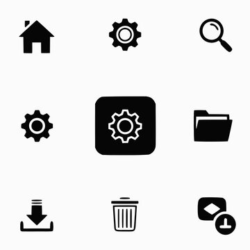 Collection of Simple Black User Interface Icons Home, Settings, Search, Folder, Download, and Delete