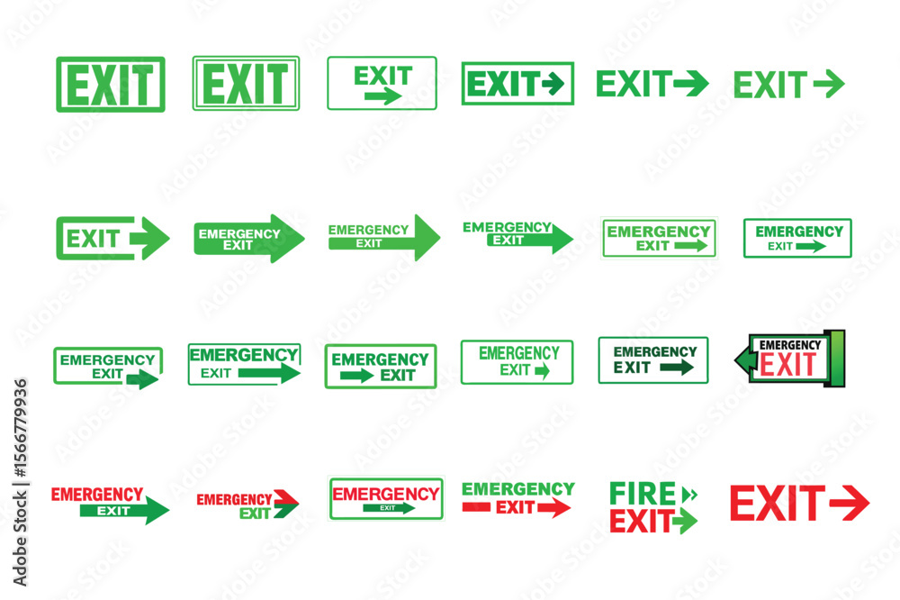 Collection of various exit signs and emergency exit symbols, including ...