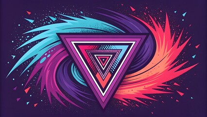 Aufkleber - A vibrant triangular design with swirling colors and geometric patterns on a dark purple background