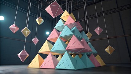 Aufkleber - A pyramid structure made of triangles with hanging diamond shapes in a dark indoor environment