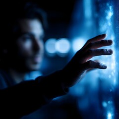 Poster - Data analyst interacting with holographic sales interface in tech infused control room