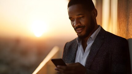 Poster - Businessman scrolling on his mobile device on a rooftop terrace at sunset