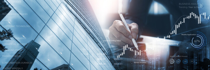 Poster - Business, finance and investment concept. Businessman using digital tablet analyzing financial data with economic graph growth chart, Business strategy and planning. market research