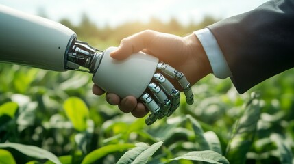 Poster - A human hand in a business suit shakes hands with a robotic hand over green plants in a natural outdoor setting.