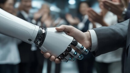 Poster - A robotic hand shakes hands with a human in a business setting, symbolizing collaboration between technology and people.