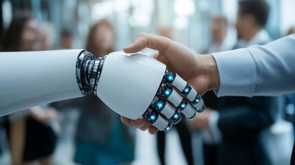 Poster - A human and a robotic hand engage in a handshake, symbolizing collaboration between humans and artificial intelligence technology.