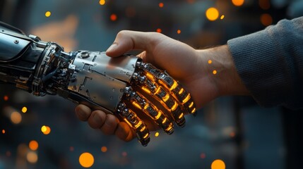 Poster - A human hand and a robotic hand grasp each other, symbolizing collaboration between humans and machines with glowing lights in the background.