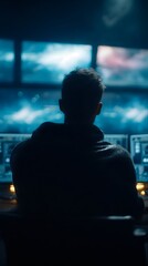 - A silhouetted trader in a futuristic blockchain control room