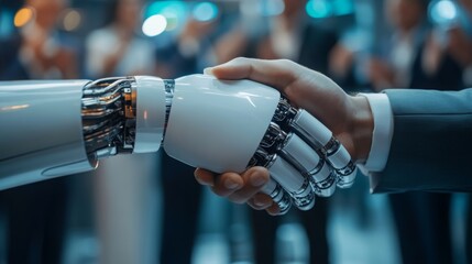 Poster - A human hand shakes hands with a robotic hand, symbolizing collaboration between humans and technology.