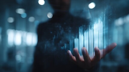 Poster - Financial analyst presenting virtual holographic data in corporate boardroom