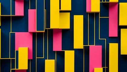 Aufkleber - Abstract arrangement of pink and yellow rectangles with yellow lines on a dark blue background