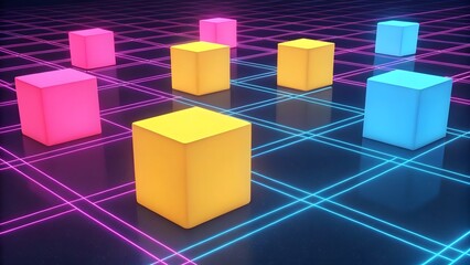 Aufkleber - Colorful cubes on a neon grid background creating a futuristic and vibrant geometric composition