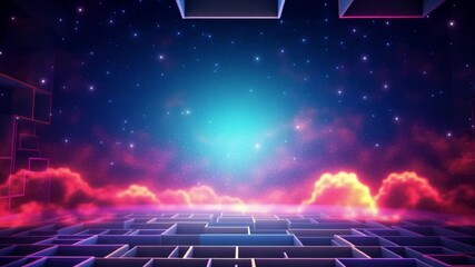 Aufkleber - Retro Futuristic Maze: A vibrant, neon-lit maze stretches into a cosmic dreamscape, where pink and orange clouds meet a starry, blue-tinged sky. The scene evokes a sense of wonder, mystery.