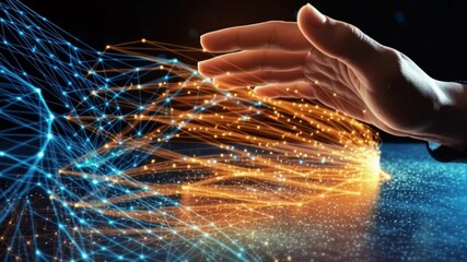 Aufkleber - Connection and innovation: A hand reaches out towards a glowing network of interconnected data streams, representing the power of technology, knowledge, and limitless possibilities.
