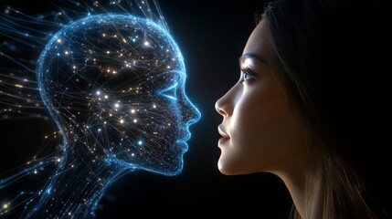 Poster - A woman faces a glowing, digital humanoid figure made of interconnected light nodes and lines, symbolizing the fusion of human and artificial intelligence.