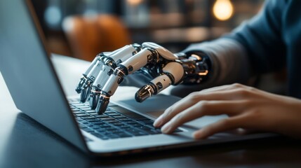 Poster - A robotic hand and a human hand simultaneously typing on a laptop keyboard, symbolizing collaboration between humans and technology.