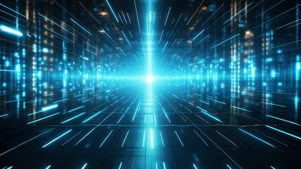 Aufkleber - Digital realm tunnel of light: An abstract journey through cyberspace with a tunnel made of bright blue and white light rays.