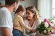 © WoodHunt - A white man and his daughter are in a cozy room. The daughter gives her mother a bouquet of flowers and gently rests her head on her shoulder