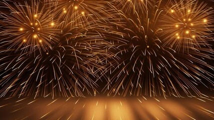 Poster - Sparkling Fireworks Spectacle: Captivating pyrotechnic display of radiant golden fireworks illuminates the night sky with explosive bursts of light, and the ground reflecting.