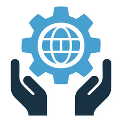 Aufkleber - Hands holding a blue gear with a globe inside representing global technology support