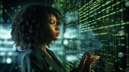 Aufkleber - Digital Visionary: A focused professional, lost in thought as she interacts with an intricate digital display, symbolizing innovation and the modern technological frontier. 