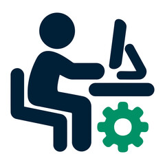 Poster - Illustration of a person sitting at a desk with a computer and a green gear nearby shown here