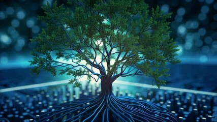 Aufkleber - Digital Tree of Life: A majestic, vibrant green tree with deep, intricate roots, symbolizing growth, connection, and the digital age.  The tree stands tall, its branches reaching towards a soft.