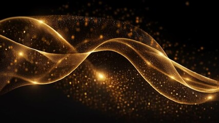 Poster - Golden Flow: Abstract golden wave with sparkling particles on black background.  