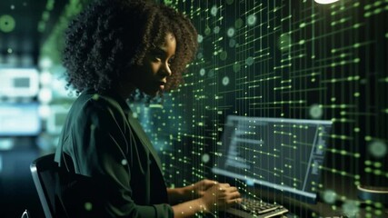 Aufkleber - Female coder in digital realm: A focused african woman, immersed in lines of computer code, embodying the fusion of human ingenuity and digital technology.