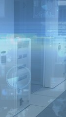 Poster - Animation of interface screens and information moving over computer server room