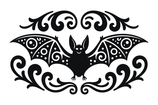 
Halloween Bat ornate swirling decorative elements, fancy curls line with bat Calligraphy filigree Ornament scroll, holiday menu Wedding card design element

