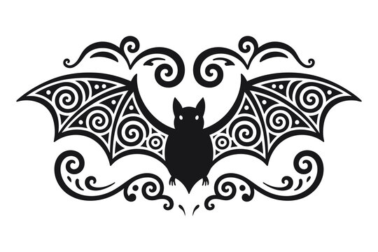 
Halloween Bat ornate swirling decorative elements, fancy curls line with bat Calligraphy filigree Ornament scroll, holiday menu Wedding card design element
