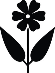 Poster - A simple black silhouette of a stylized flower with six petals and two large leaves on a white background