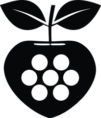 Poster - Stylized black silhouette of a heart shaped fruit with seven white circles and two leaves on a stem