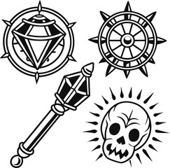 Aufkleber - tribal tattoo vector icon set with vintage compass and gear symbols illustrating a sea wheel design