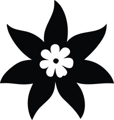 Poster - Stylized black and white illustration of a blooming flower with seven pointed petals and a smaller white flower at its center