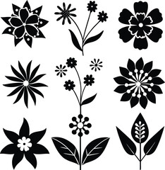Poster - Collection of stylized black and white floral silhouettes featuring diverse petal shapes and leaf designs on a clean white background