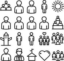 Aufkleber - Collection of stylized human figures and icons representing teamwork community leadership and positive relationships in a simple outline style