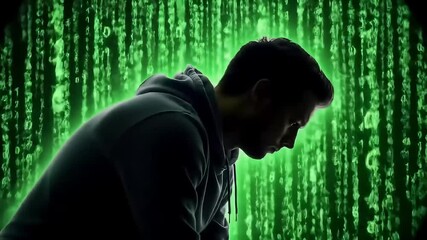 Man studying code, green digital rain