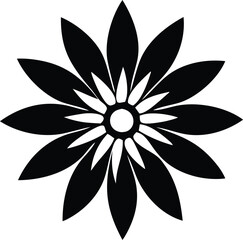 Poster - A striking black and white graphic design of a stylized flower with multiple pointed petals radiating from a central circle