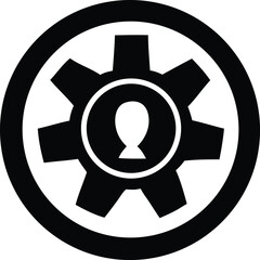 Poster - A black and white graphic icon featuring a stylized gear with a silhouette of a person inside symbolizing human resources or personnel management