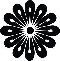 Poster - A stylized black and white floral design featuring a central circle surrounded by elongated petals with teardrop shapes inside each petal
