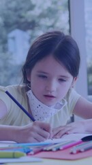 Poster - Animation of school icons over focused caucasian girl wearing face masks doing homework