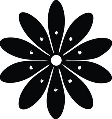 Poster - A stylized black daisy silhouette with nine rounded petals and a central white circle featuring small white shapes within the petals