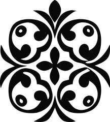 Poster - Elegant black and white symmetrical floral motif with swirling leaf like elements and a central quatrefoil design
