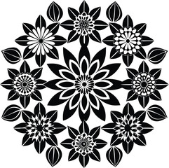 Poster - Intricate black and white floral mandala pattern with repeating petal designs and leaf accents on a clean white background