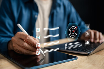 Aufkleber - Target planning and goal setting for business success, digital checklist and dartboard on tablet screen. Ideal for strategy, achievement, task tracking, and productivity workflow